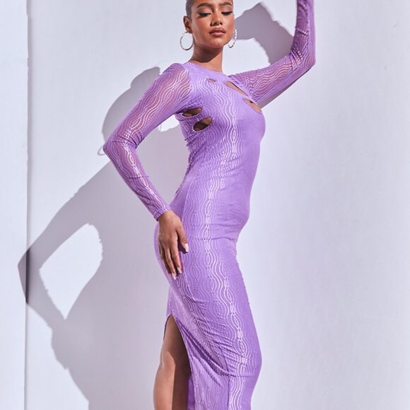 NWOT PLT Purple Textured Mesh Cut Out Long Sleeve Midaxi Dress - Size 12 - Picture 2 of 5